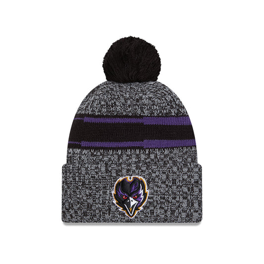 Baltimore Ravens New Era 2023 NFL Sideline Sport Cuffed Pom Knit Hat - Black/Purple