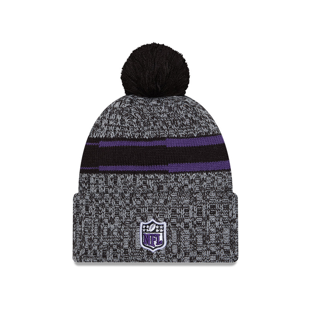 Baltimore Ravens New Era 2023 NFL Sideline Sport Cuffed Pom Knit Hat - Black/Purple