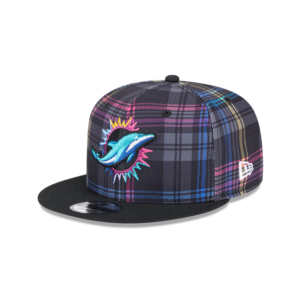 Miami Dolphins New Era 2024 NFL Crucial Catch Plaid 9Fifty Snapback Hat - Black/Pink