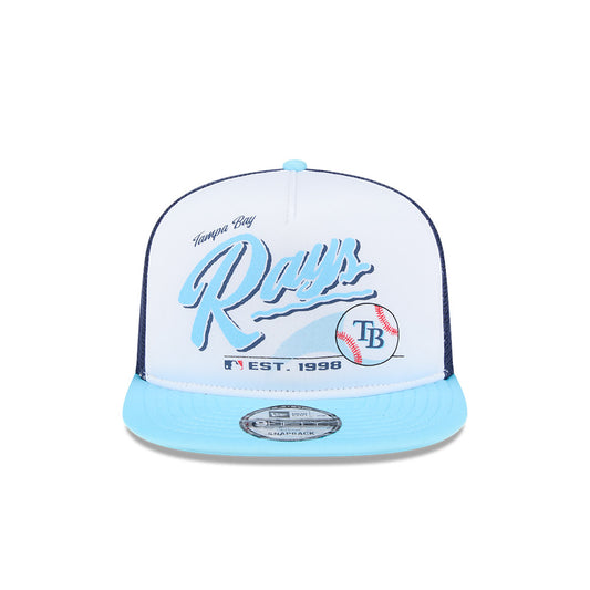 Tampa Bay Rays New Era RETRO SCRIPT 9Fifty A-Frame Mesh Trucker Snapback Hat - Navy/Sky