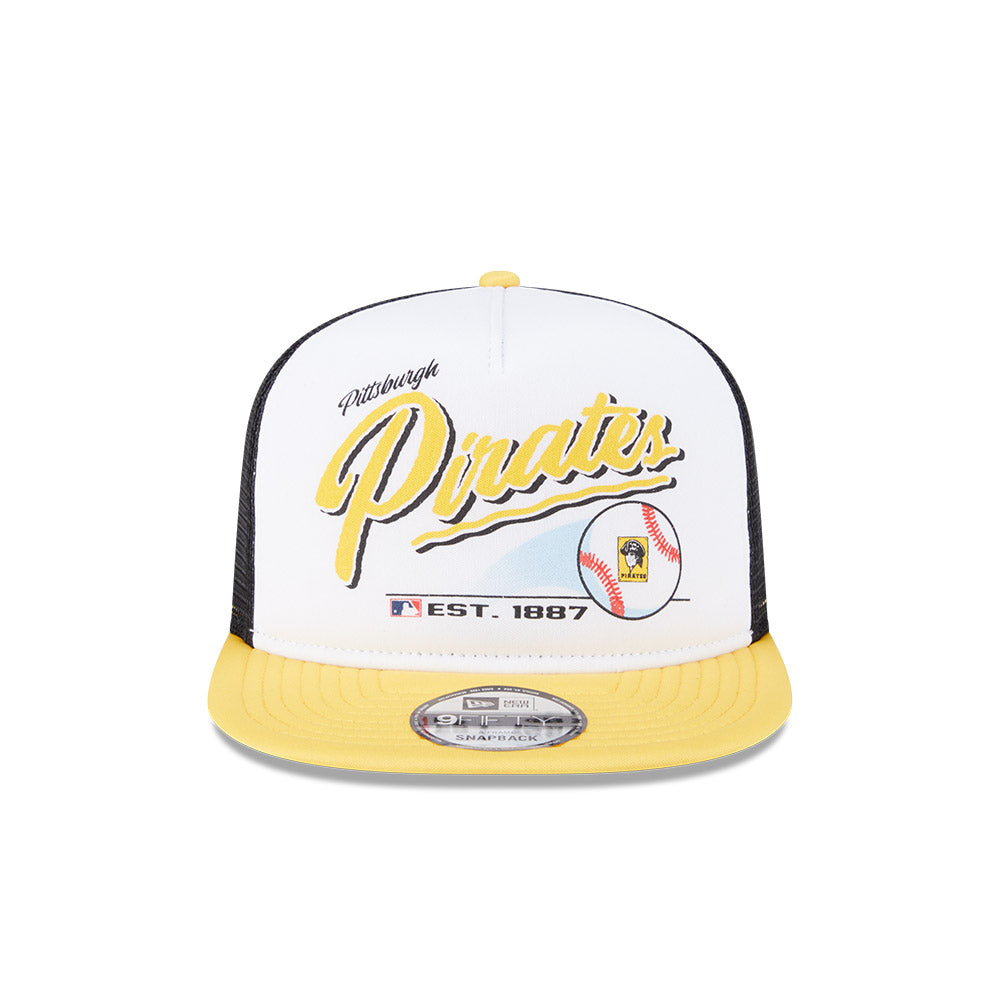 Pittsburgh Pirates New Era RETRO SCRIPT 9Fifty A-Frame Mesh Trucker Snapback Hat - Black/Yellow