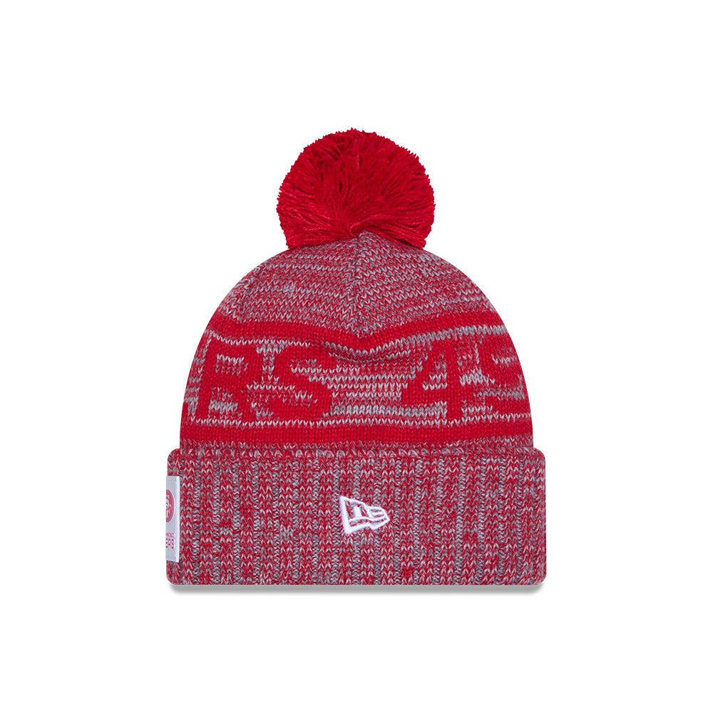 San Francisco 49ers New Era 2025 NFL Sideline Sport Cuffed Pom Knit Hat - Graphite/Scarlet