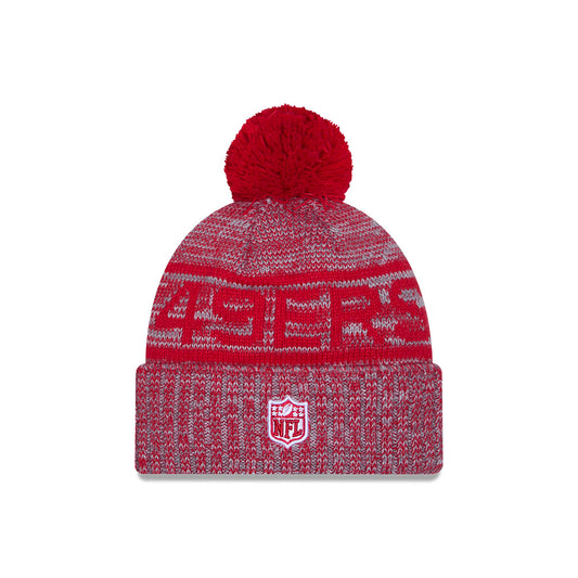 San Francisco 49ers New Era 2025 NFL Sideline Sport Cuffed Pom Knit Hat - Graphite/Scarlet