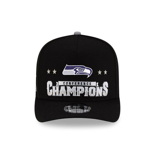 Seattle Seahawks New Era 2025 NFC Champions Locker Room Trophy Collection A-Frame 9FIFTY Snapback Hat - Black