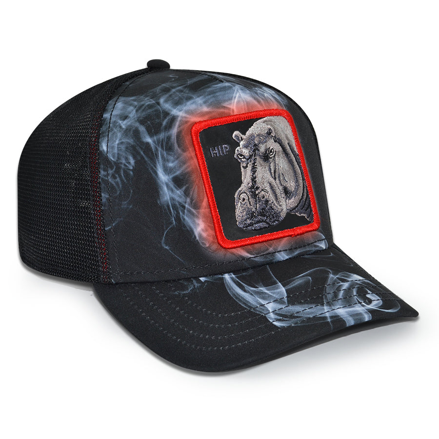 THE DEEP COVER HIPPO Goorin Bros Mesh Trucker Snapback Hat -Black Smoke/Red
