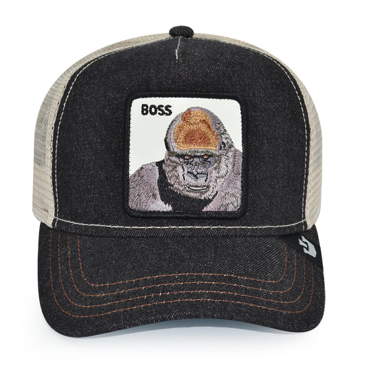 THE BOSS APE Goorin Bros Mesh Trucker Snapback Hat -Black Denim/Beige/Sky UV