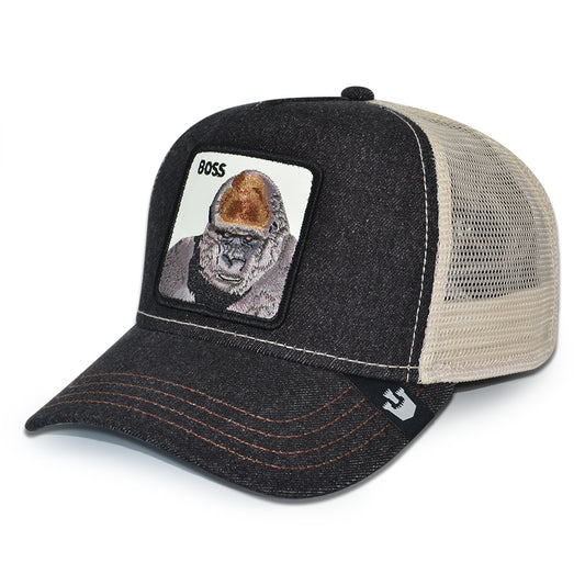 THE BOSS APE Goorin Bros Mesh Trucker Snapback Hat -Black Denim/Beige/Sky UV