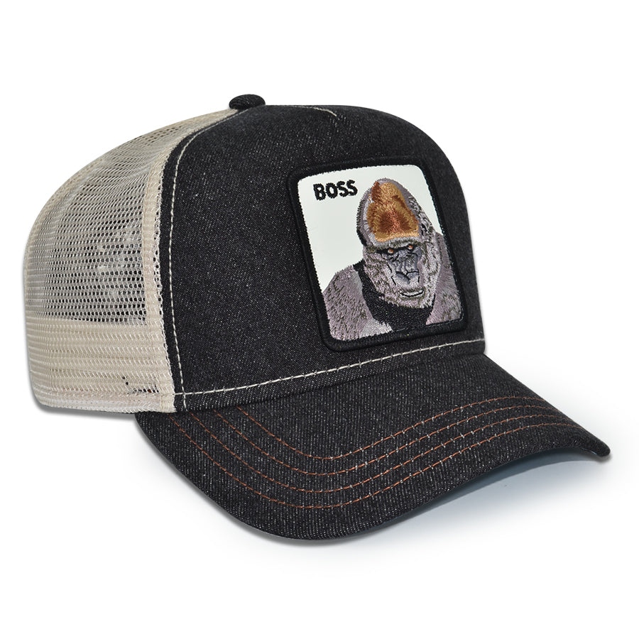 THE BOSS APE Goorin Bros Mesh Trucker Snapback Hat -Black Denim/Beige/Sky UV