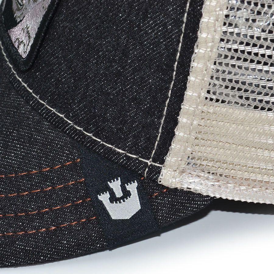 THE BOSS APE Goorin Bros Mesh Trucker Snapback Hat -Black Denim/Beige/Sky UV