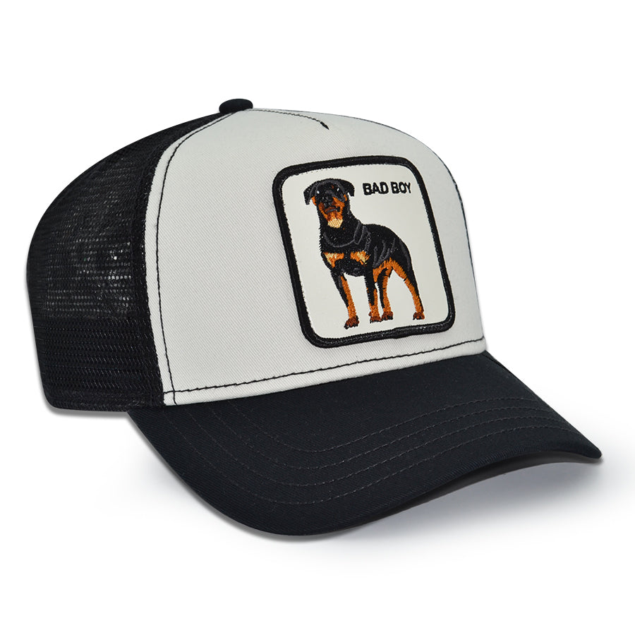 THE BADDEST BOY ROTTWEILER Goorin Bros Mesh Trucker Snapback Hat - Chrome/Black