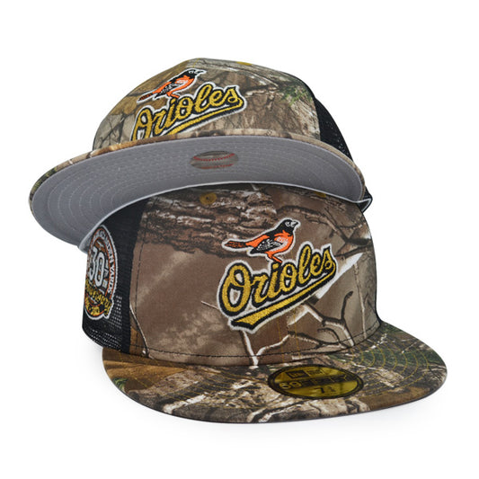 Baltimore Orioles 30th ANNIVERSARY Trucker Exclusive New Era 59Fifty Fitted Hat - Real Tree Camo/Mesh
