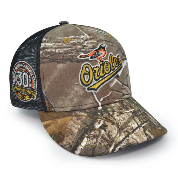 Baltimore Orioles 30th ANNIVERSARY Trucker Exclusive New Era 59Fifty Fitted Hat - Real Tree Camo/Mesh