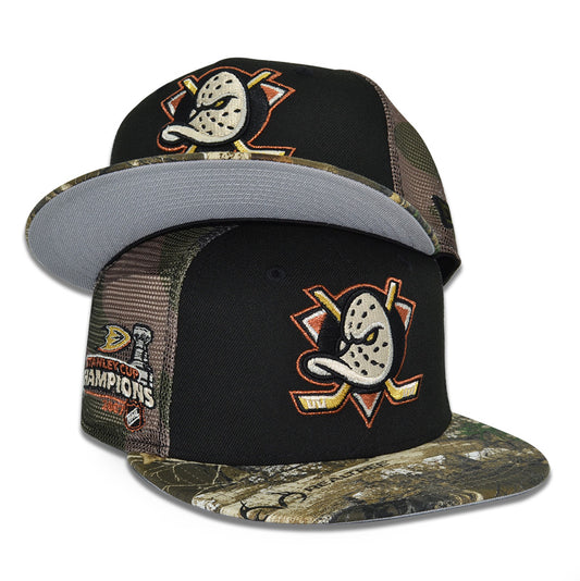 Anaheim Ducks "DUCK'S ESCAPE" Exclusive New Era 59Fifty Fitted Hat - Black/Real Tree/Woodland Camo Mesh