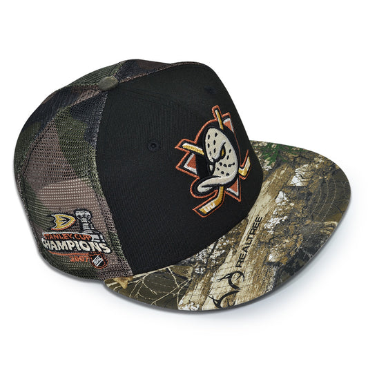 Anaheim Ducks "DUCK'S ESCAPE" Exclusive New Era 59Fifty Fitted Hat - Black/Real Tree/Woodland Camo Mesh