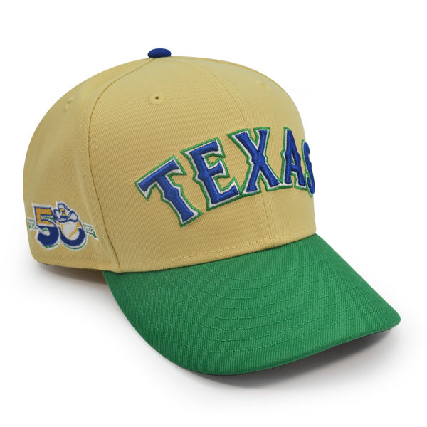 Texas Rangers 50th ANNIVERSARY Exclusive New Era 59Fifty Fitted Hat - Vegas Gold/Bot Green