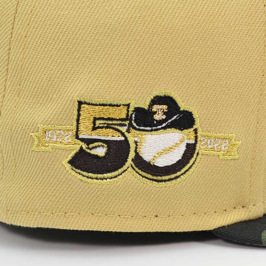 Texas Rangers 50th ANNIVERSARY Exclusive New Era 59Fifty Fitted Hat - Vegas Gold/Woodland Camo