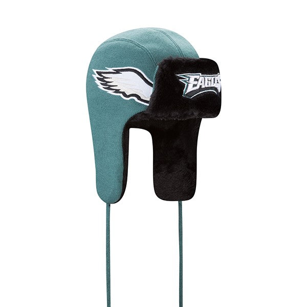 Philadelphia Eagles New Era NFL Helmet Head Trapper Knit Hat - Black/ Green