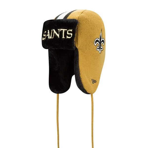 New Orleans Saints New Era NFL Helmet Head Trapper Knit Hat - Black/ Gold