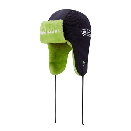 Seattle Seahawks New Era NFL Helmet Head Trapper Knit Hat - Navy/Lime