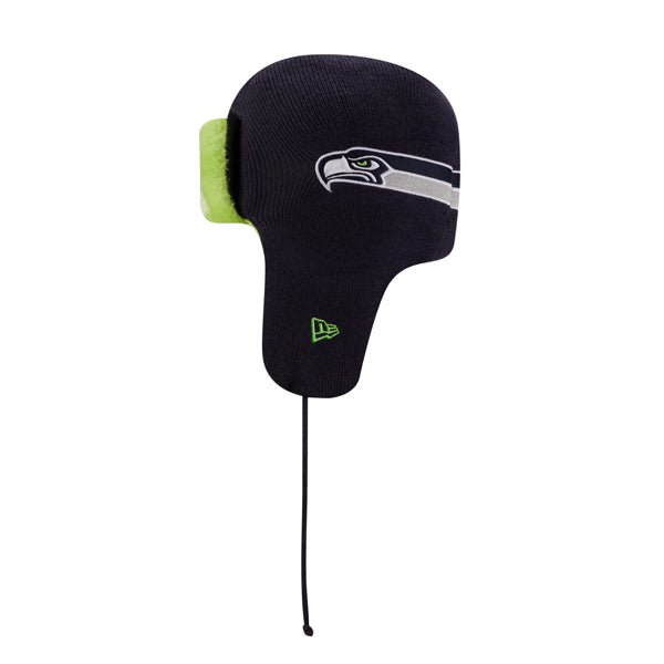 Seattle Seahawks New Era NFL Helmet Head Trapper Knit Hat - Navy/Lime