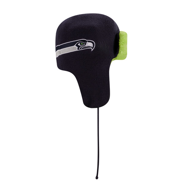 Seattle Seahawks New Era NFL Helmet Head Trapper Knit Hat - Navy/Lime