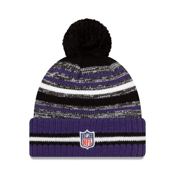 Baltimore Ravens New Era 2021 Official NFL Sideline Sport Pom Cuffed Knit Hat