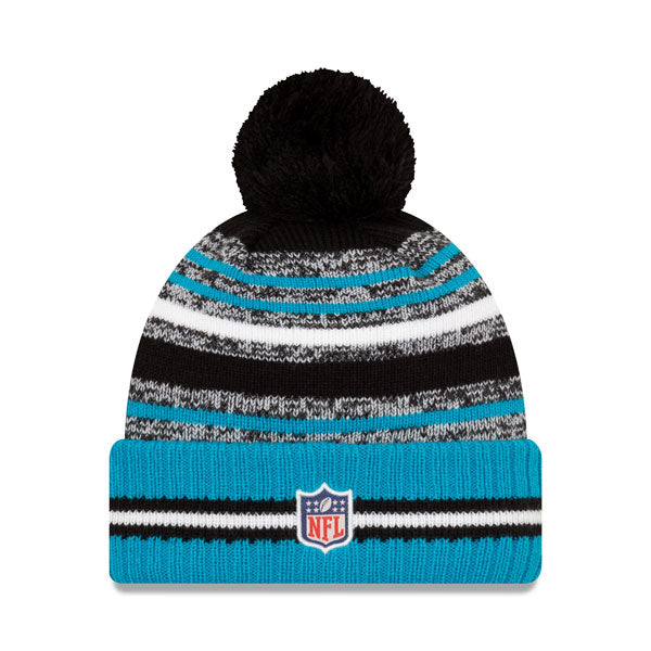 Carolina Panthers New Era 2021 Official NFL Sideline Sport Pom Cuffed Knit Hat