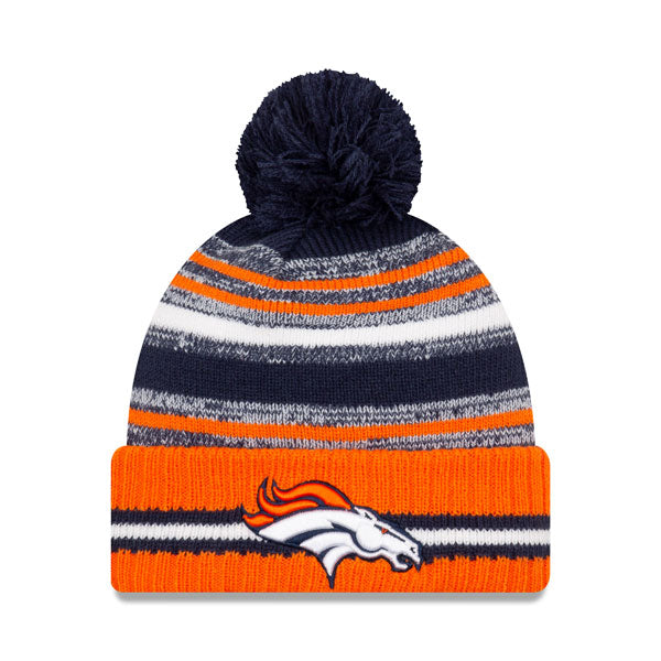 Denver Broncos New Era 2021 Official NFL Sideline Sport Pom Cuffed Knit Hat