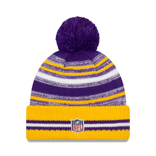 Minnesota Vikings New Era 2021 Official NFL Sideline Sport Pom Cuffed Knit Hat