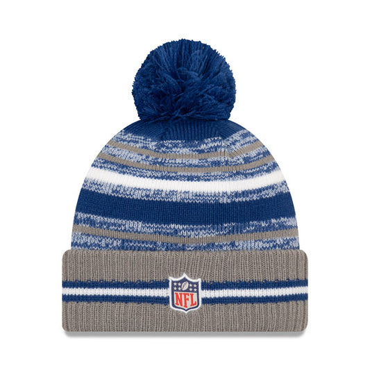 Indianapolis Colts New Era 2021 Official NFL Sideline Sport Pom Cuffed Knit Hat