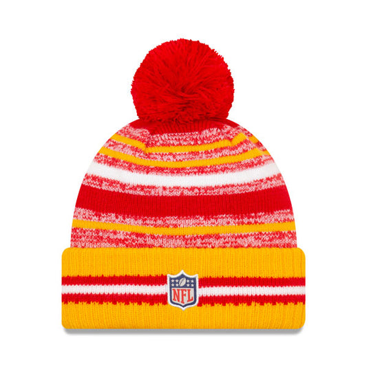 Kansas City Chiefs New Era 2021 Official NFL Sideline Sport Pom Cuffed Knit Hat