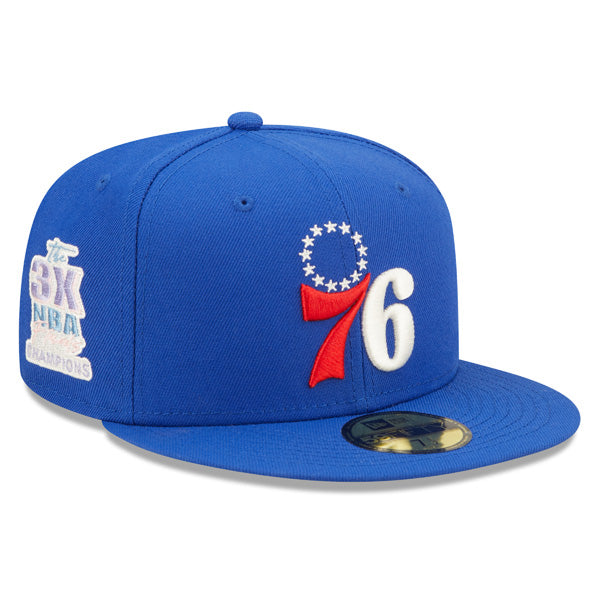 Philadelphia 76ers 3-TIME NBA CHAMPIONS New Era  EXCLUSIVE 59Fifty Fitted Hat - Royal/Pink Bottom