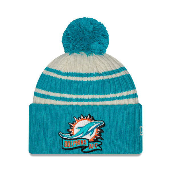 Miami Dolphins New Era 2022 Sideline Sport Cuffed Pom Knit Hat - Cream/Aqua