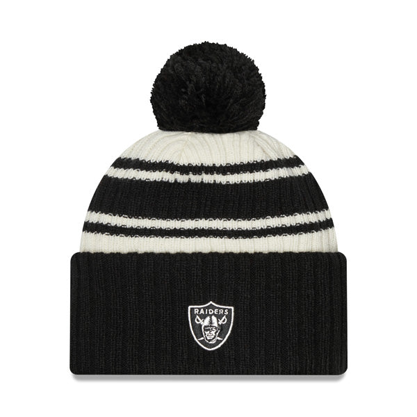 Las Vegas Raiders New Era 2022 Sideline Sport Cuffed Pom Knit Hat - Cream/Black