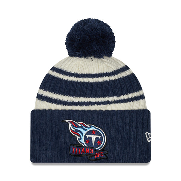 Tennessee Titans New Era 2022 Sideline Sport Cuffed Pom Knit Hat - Cream/Navy