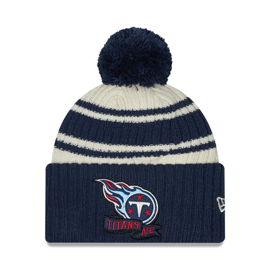 Tennessee Titans New Era 2022 Sideline Sport Cuffed Pom Knit Hat - Cream/Navy