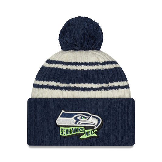 Seattle Seahawks New Era 2022 Sideline Sport Cuffed Pom Knit Hat - Cream/Navy