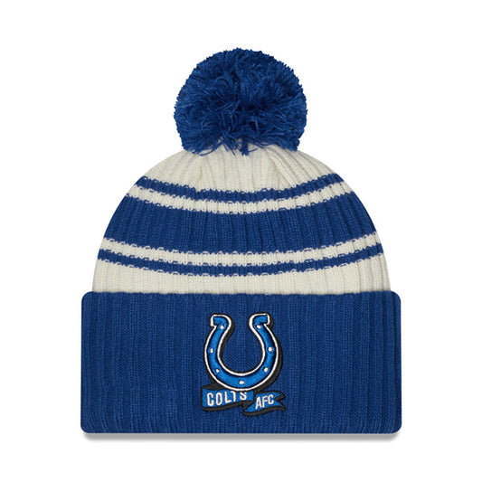 Indianapolis Colts New Era 2022 Sideline Sport Cuffed Pom Knit Hat - Cream/Blue