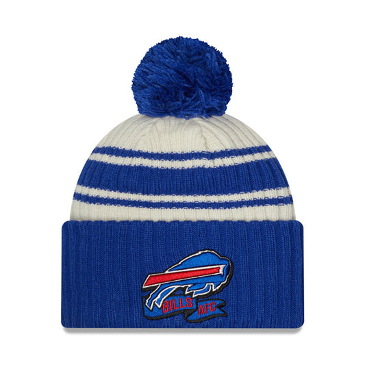 Buffalo Bills New Era 2022 Sideline Sport Cuffed Pom Knit Hat - Cream/Royal