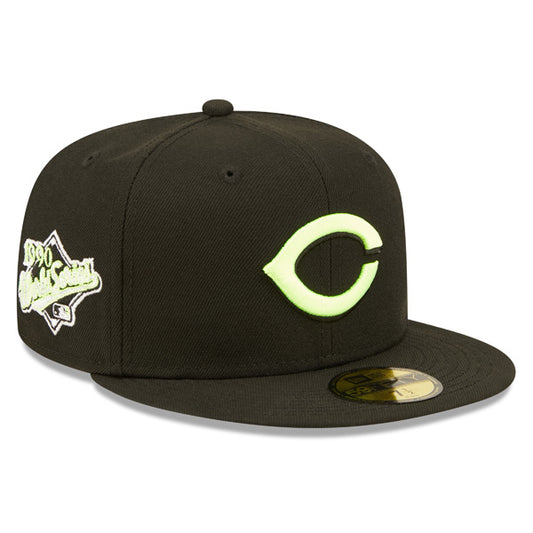 Cincinnati Reds 1990 Exclusive SUPER POP New Era Fitted 59Fifty MLB Hat -Black/Lime
