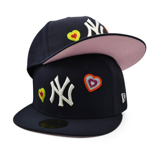 New York Yankees CHAINED HEARTS Exclusive New Era Fitted 59Fifty MLB Hat - Navy/Pink