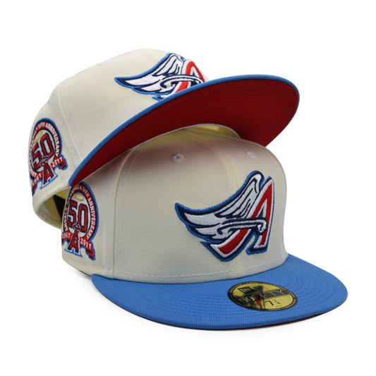 Anaheim Angels 50th Anniversary Exclusive New Era 59Fifty Fitted Hat – Chrome/Sky/Red Bottom
