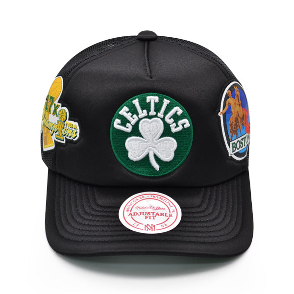 Boston Celtics Mitchell & Ness 17x NBA CHAMPIONS TRUCKER Mesh Snapback Hat- Black/Green