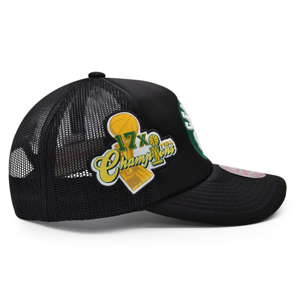 Boston Celtics Mitchell & Ness 17x NBA CHAMPIONS TRUCKER Mesh Snapback Hat- Black/Green