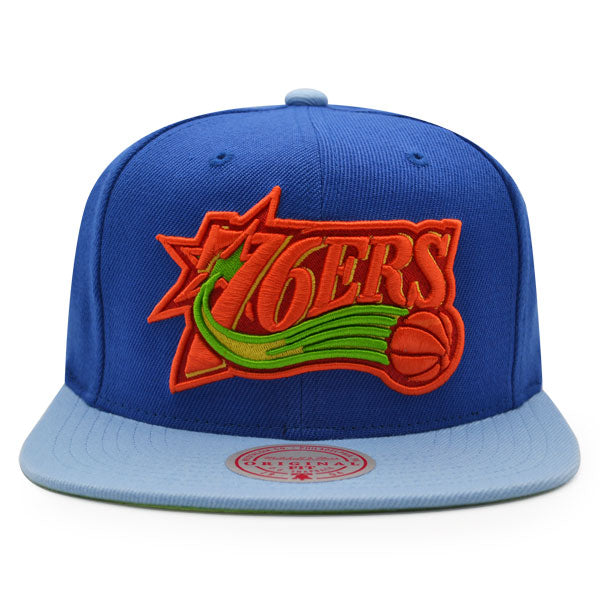 Philadelphia 76ers Mitchell & Ness WEATHER MAN Snapback Hat - Blue/Sky/Orange/Lime