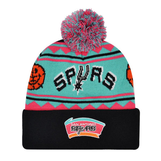 San Antonio Spurs Mitchell & Ness ISLAND Cuffed Pom Beanie Knit NBA Hat - Teal/Pink/Black