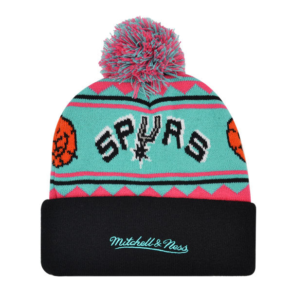 San Antonio Spurs Mitchell & Ness ISLAND Cuffed Pom Beanie Knit NBA Hat - Teal/Pink/Black