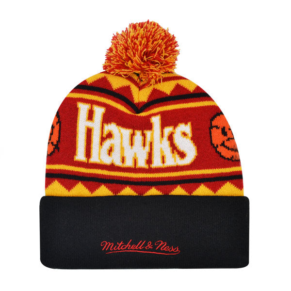 Atlanta Hawks Mitchell & Ness ISLAND Cuffed Pom Beanie Knit NBA Hat - Red/Yellow/Black