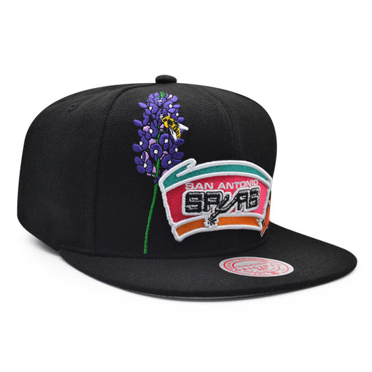 San Antonio Spurs Mitchell & Ness FLOWER TIME Snapback NBA Hat - Black/Purple/Pink
