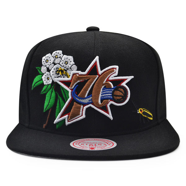 Philadelphia 76ers Mitchell & Ness FLOWER TIME Snapback NBA Hat - Black/Gold